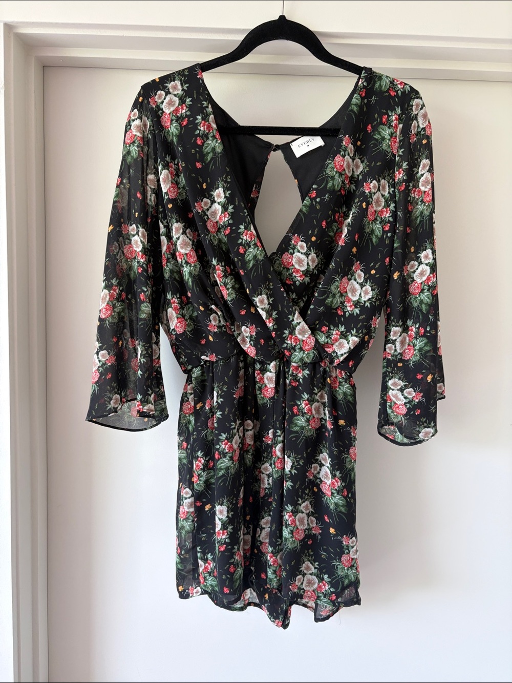 Everly Black Floral Shorts Romper with Red and White Roses